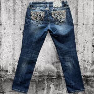 Miss Me Distressed Midrise Easy Crop Jeans Size 27 Embroidered Studded Y2K Denim